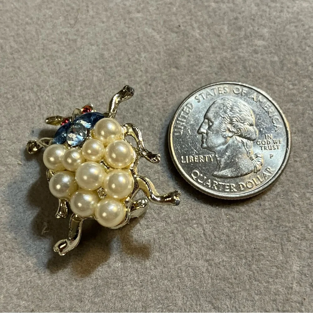 Vintage Rhinestone and Faux Pearl Bug Brooch